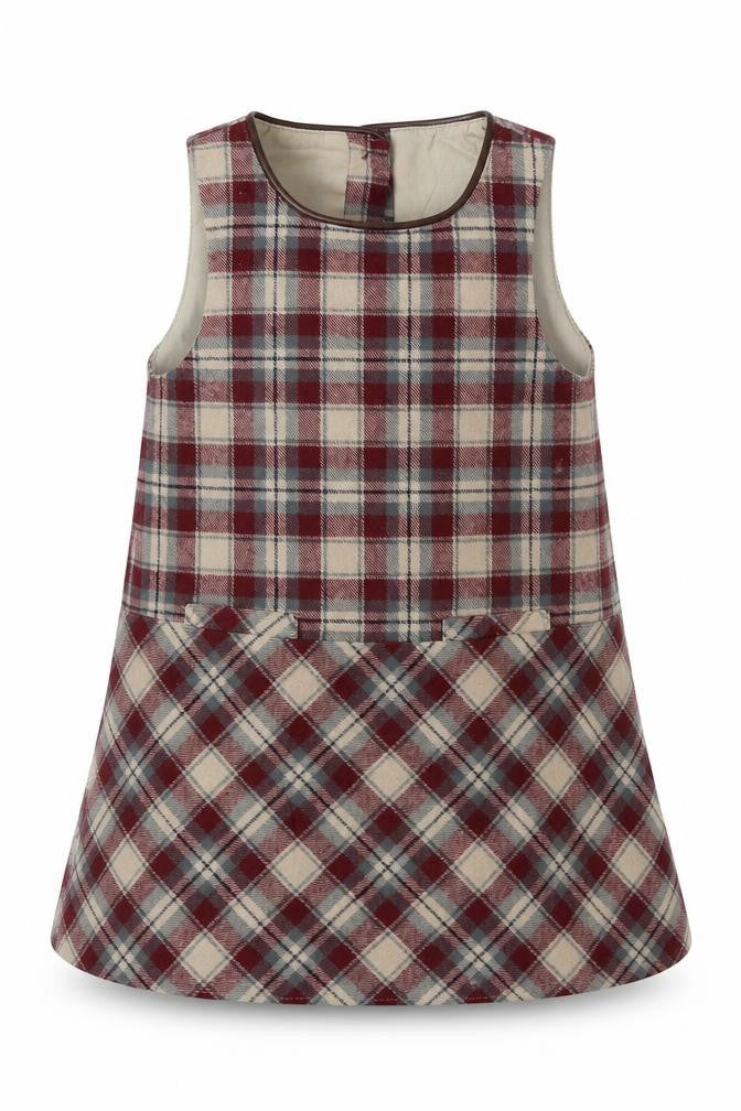 Dunnes Girls Red Check Cotton A-Line  Size 2-3 Years  Crew Neck Button