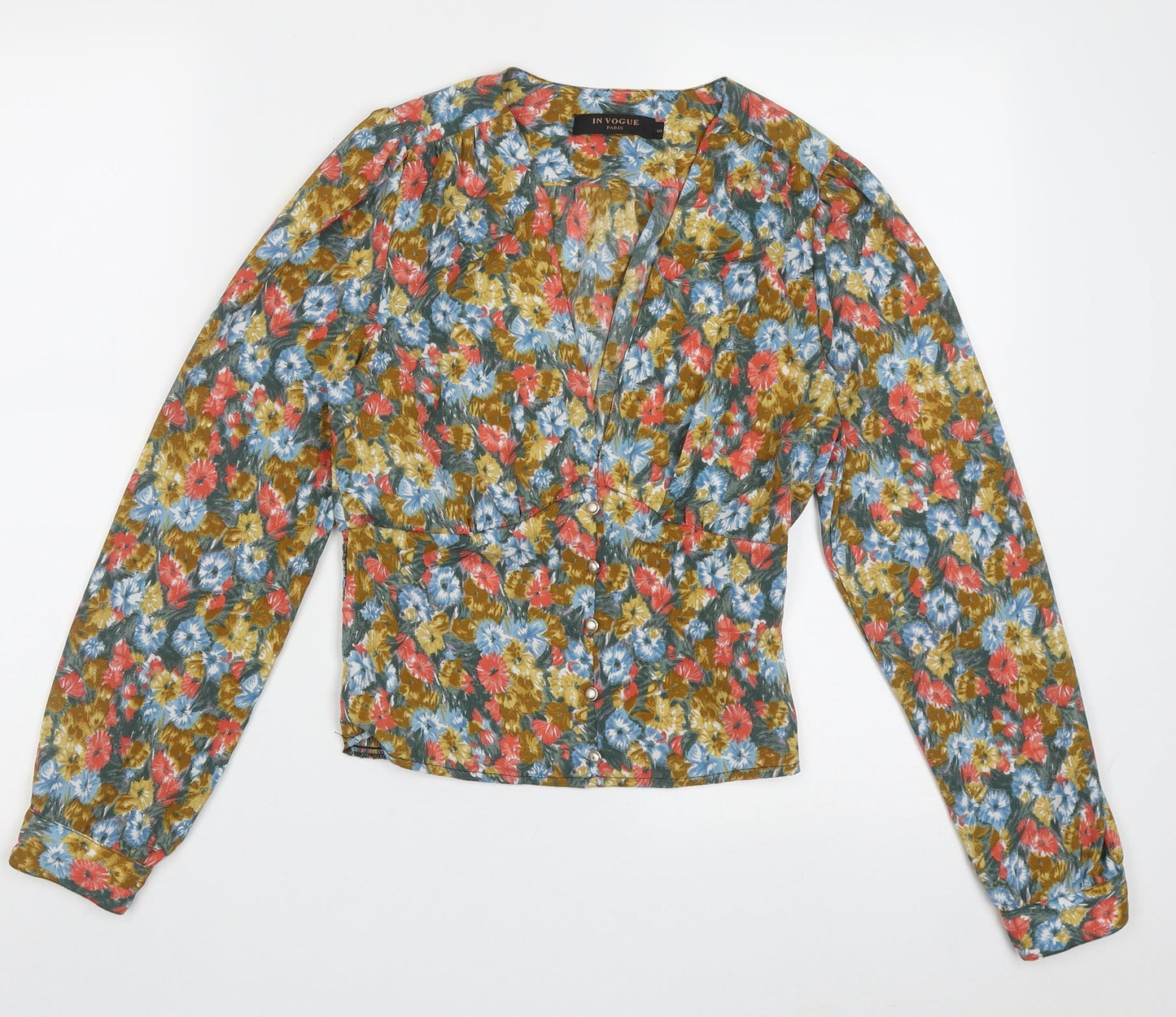 In Vogue Womens Multicoloured Floral Polyester Cropped Blouse Size S V-Neck