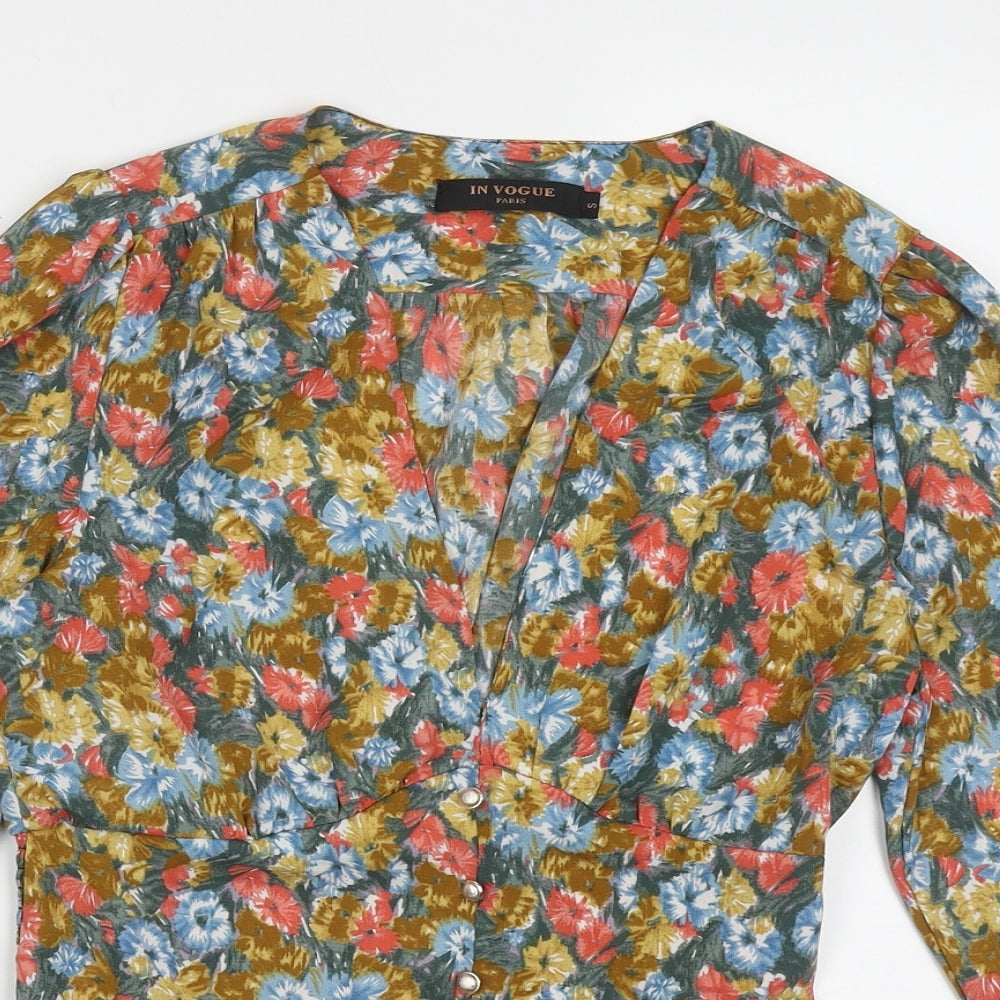 In Vogue Womens Multicoloured Floral Polyester Cropped Blouse Size S V-Neck