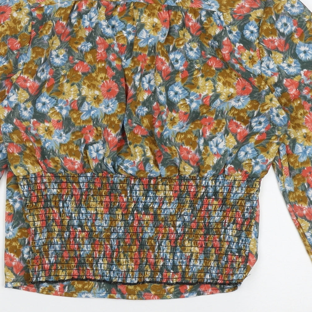 In Vogue Womens Multicoloured Floral Polyester Cropped Blouse Size S V-Neck
