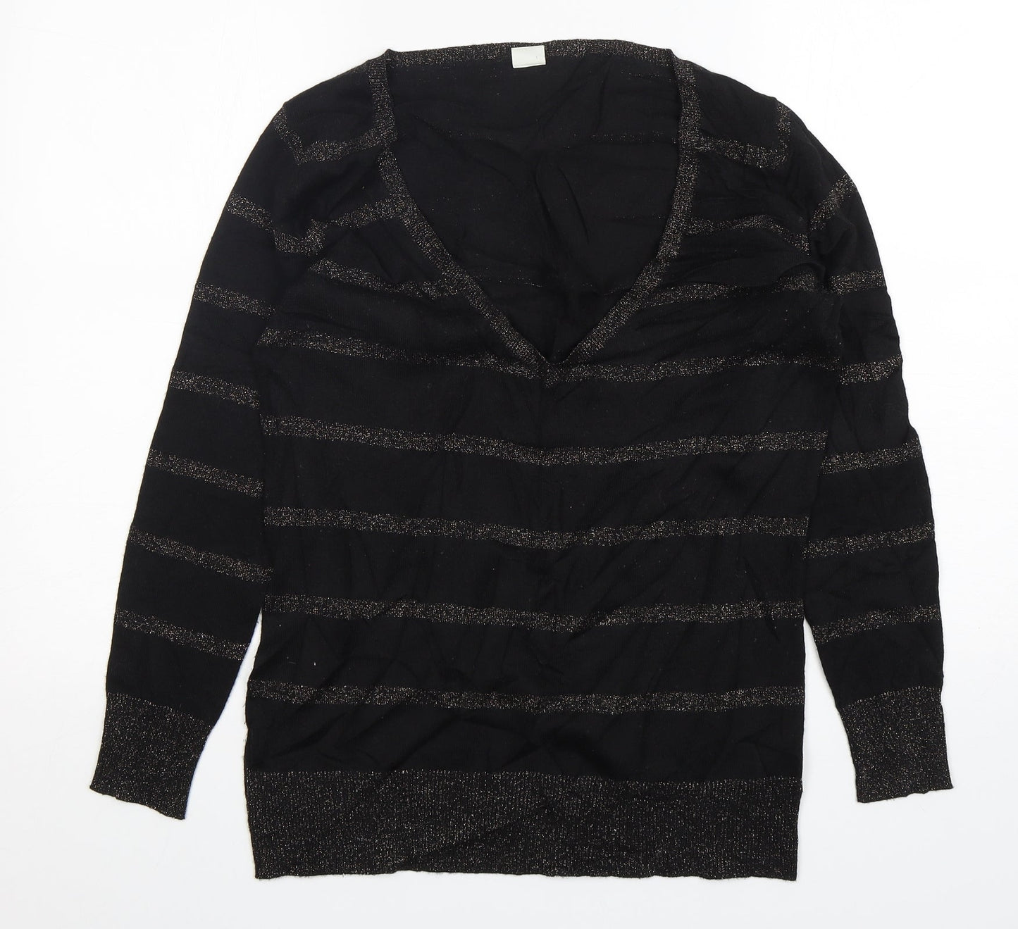New Look Womens Black V-Neck Striped Acrylic Pullover Jumper Size 14