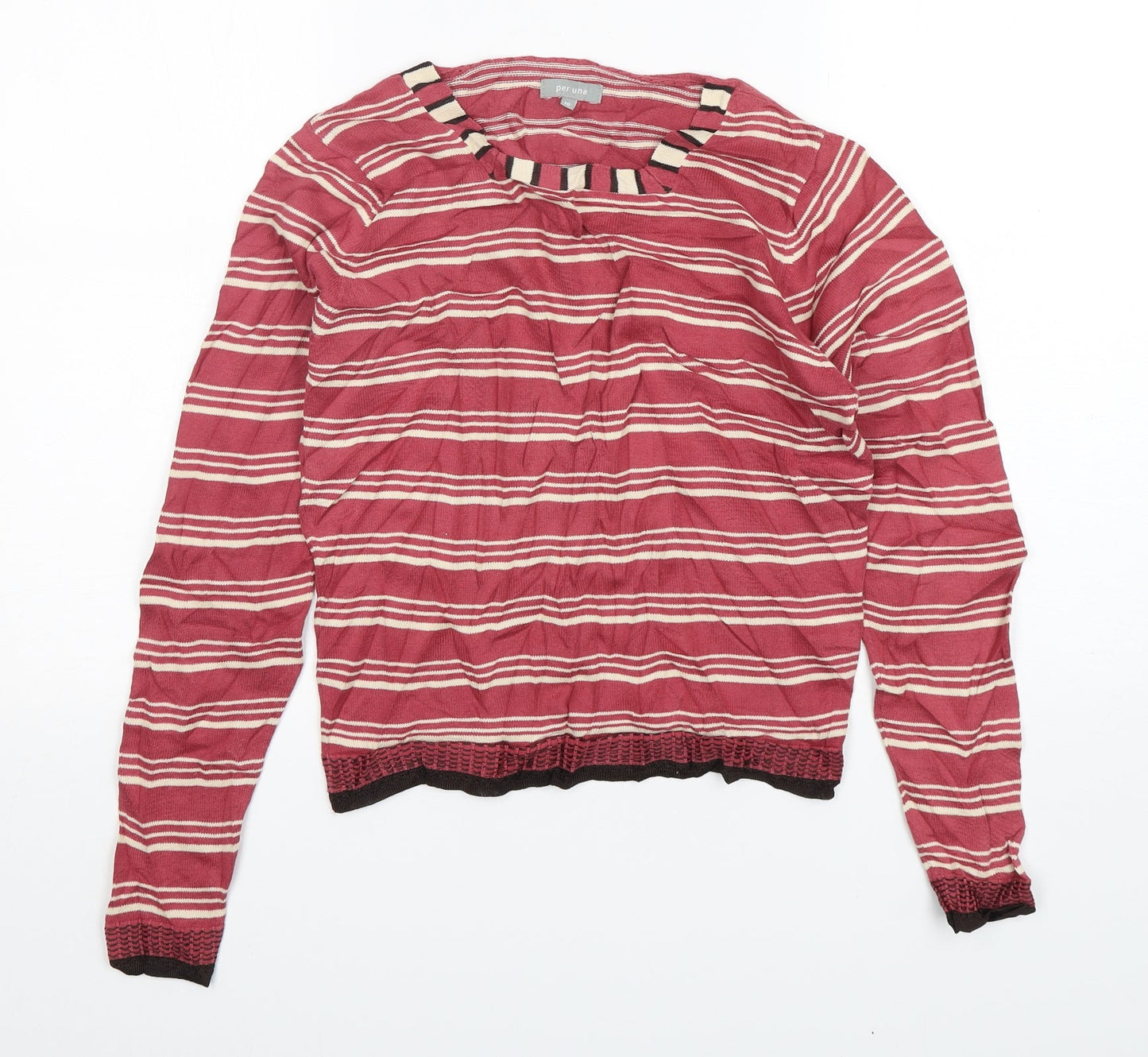 Per Una  Womens Pink Round Neck Striped Cotton Pullover Jumper Size 10