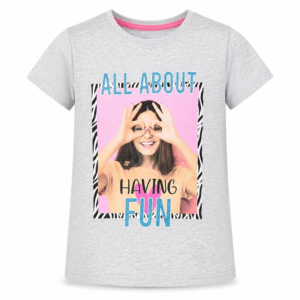 PEP & CO Girls Grey  Cotton Basic T-Shirt Size 7-8 Years Round Neck  - All about having fun