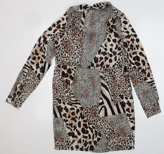 PRETTYLITTLETHING Womens Multicoloured Animal Print Polyester A-Line Size 6 Collared - leopard Print
