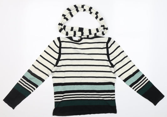 Principles Womens Multicoloured Round Neck Striped Acrylic Pullover Jumper Size 12   - scarf attatched