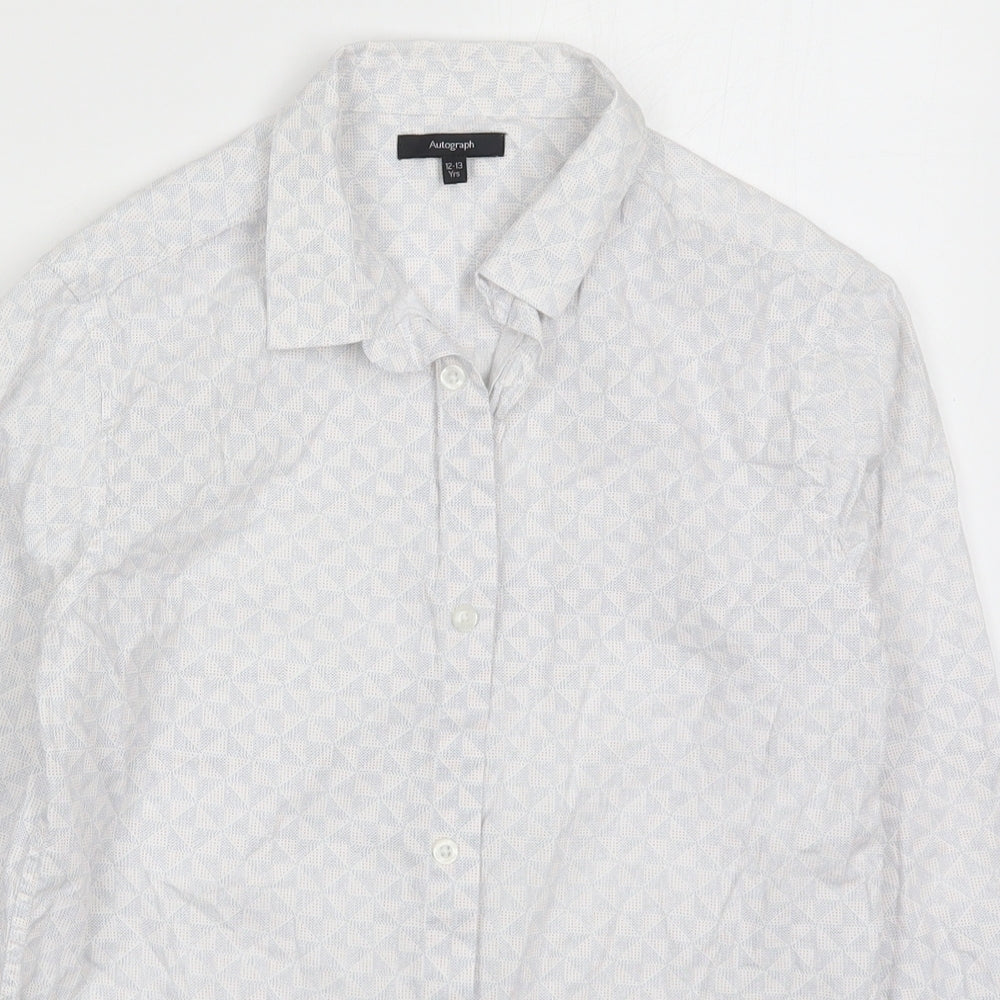 Marks and Spencer Boys White Geometric Cotton Basic Button-Up Size 12-13 Years Collared Button