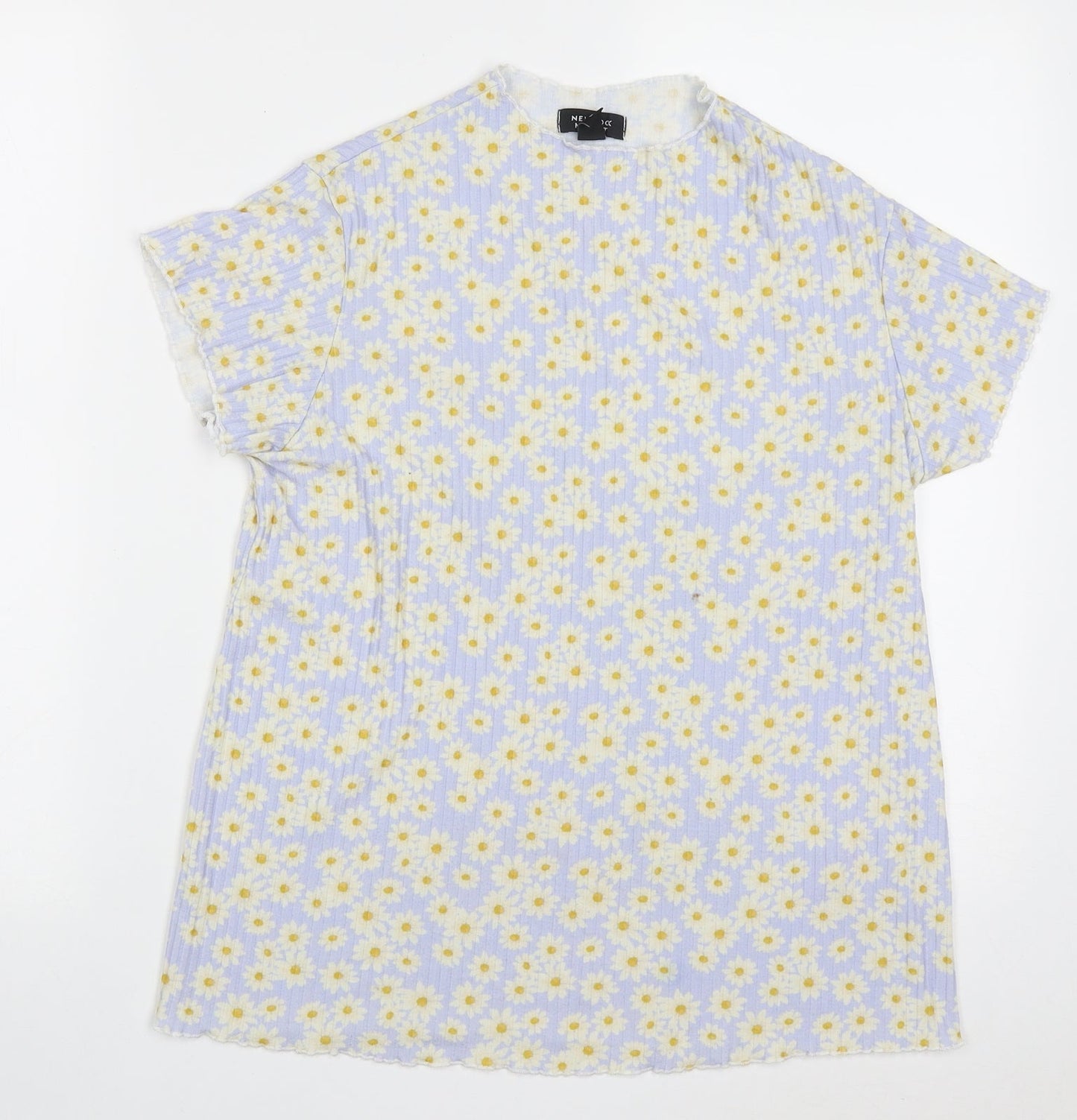 New Look Womens Blue Floral Polyester Basic T-Shirt Size 14 High Neck