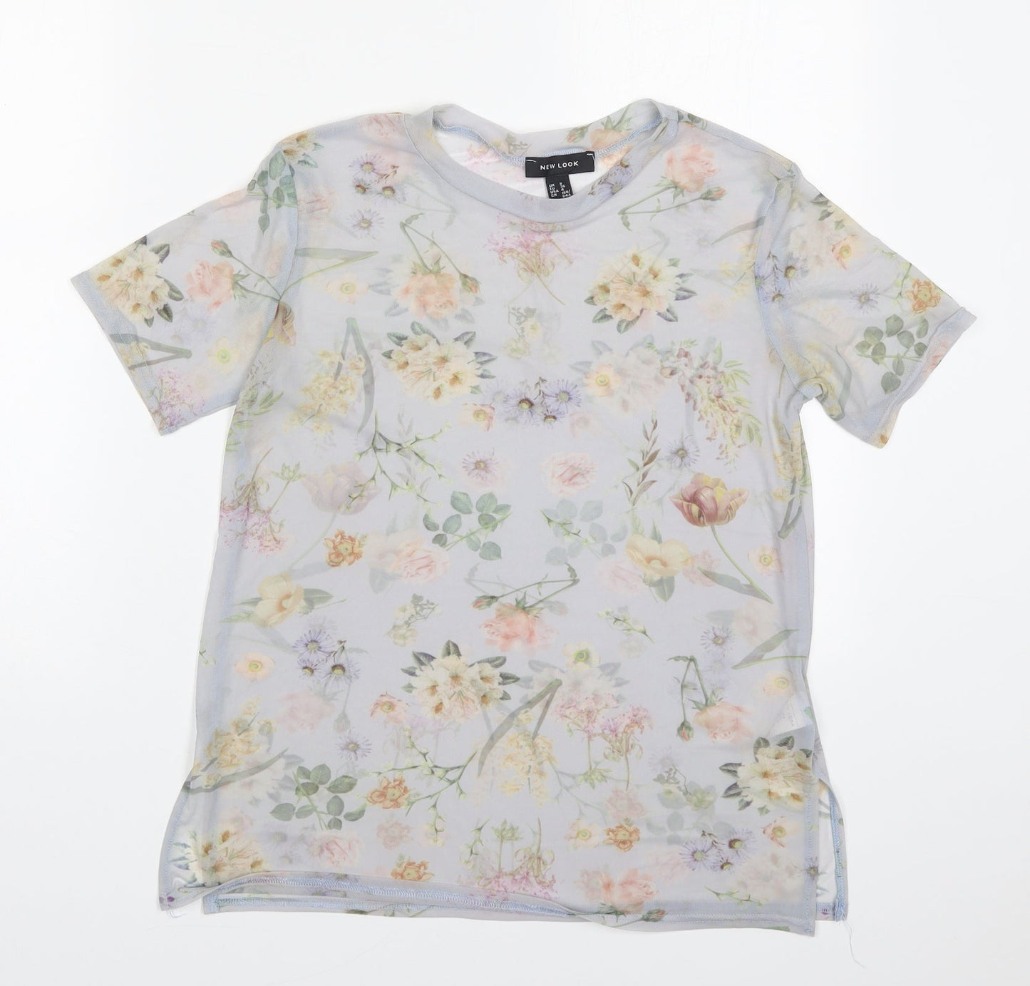 New Lok Womens Grey Floral Nylon Basic T-Shirt Size 8 Round Neck