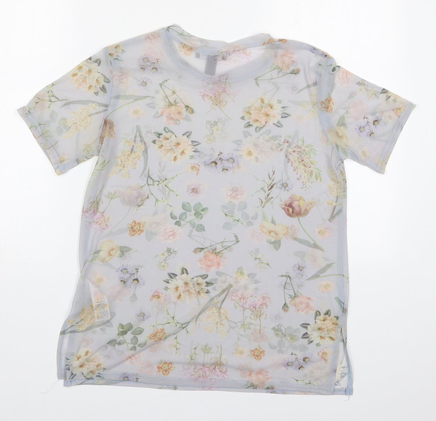 New Lok Womens Grey Floral Nylon Basic T-Shirt Size 8 Round Neck
