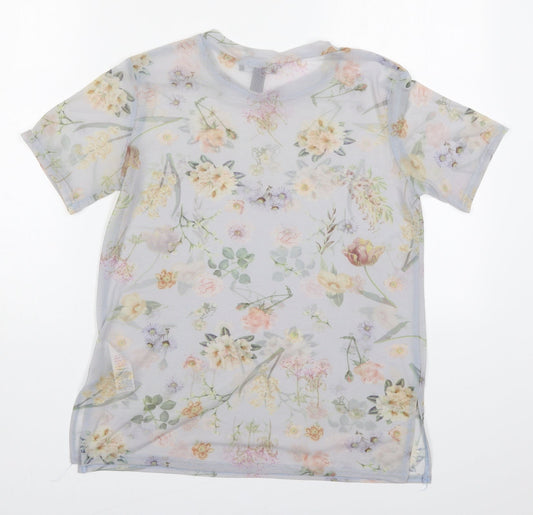 New Lok Womens Grey Floral Nylon Basic T-Shirt Size 8 Round Neck