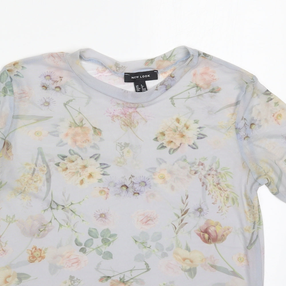 New Lok Womens Grey Floral Nylon Basic T-Shirt Size 8 Round Neck