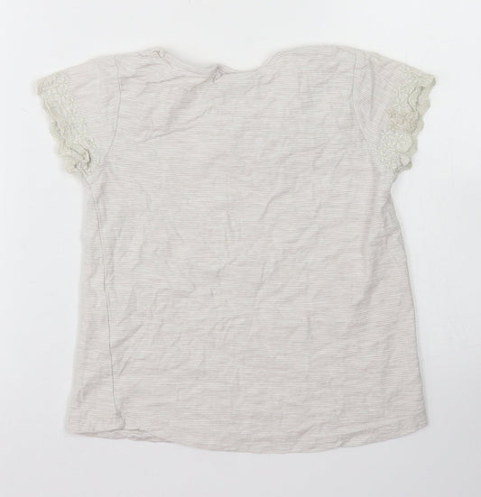 Matalan Girls Grey Striped Cotton Basic T-Shirt Size 6-7 Years Crew Neck  - Lace sleeve detail