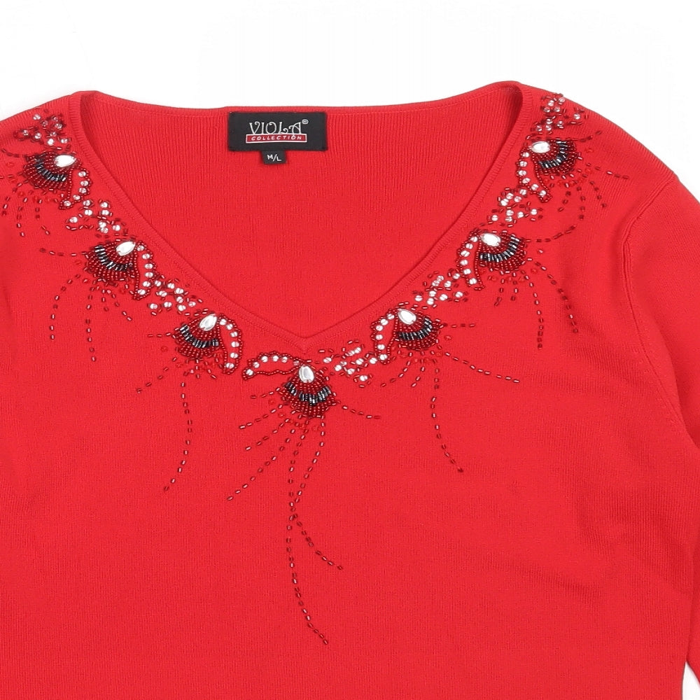 Viola Womens Red V-Neck  Viscose Pullover Jumper Size M