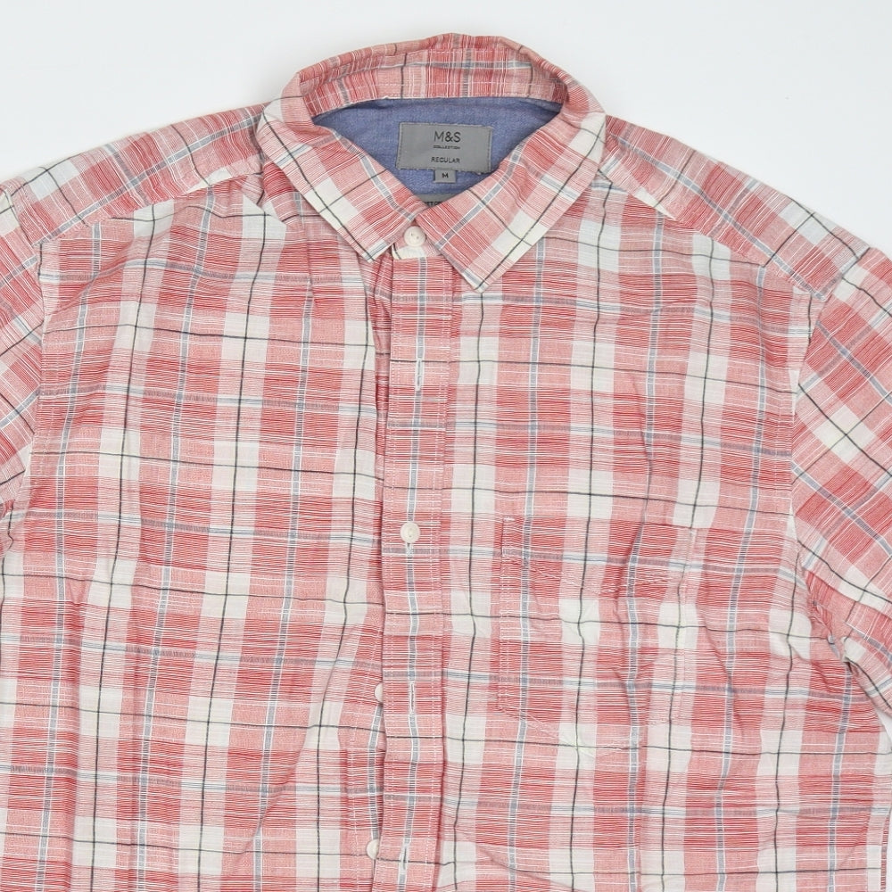 Marks and Spencer Mens Red Check Cotton  Button-Up Size M Collared Button