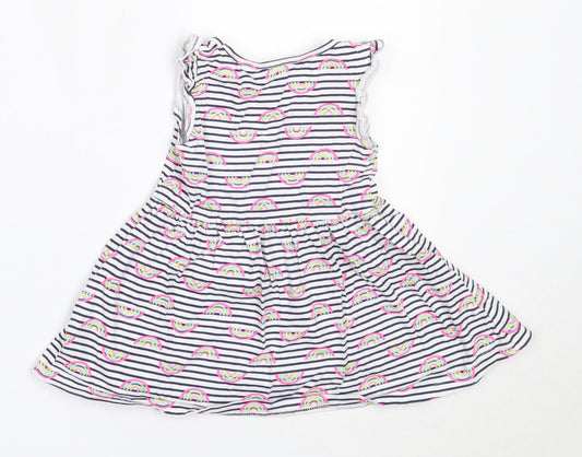 Primark Girls White Striped Cotton Fit & Flare  Size 2-3 Years  Round Neck
