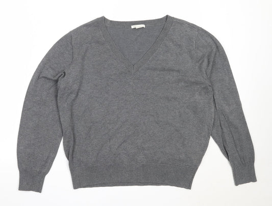 H&M Womens Grey V-Neck  Viscose Pullover Jumper Size L