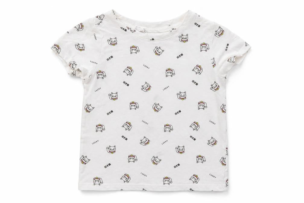 RESERVED Girls White Geometric Cotton Basic T-Shirt Size 6-7 Years Crew Neck  - Lucky Cat