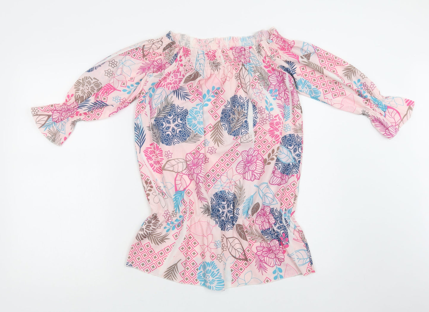 Preworn Womens Pink Floral Polyester Basic Blouse Size L Off the Shoulder