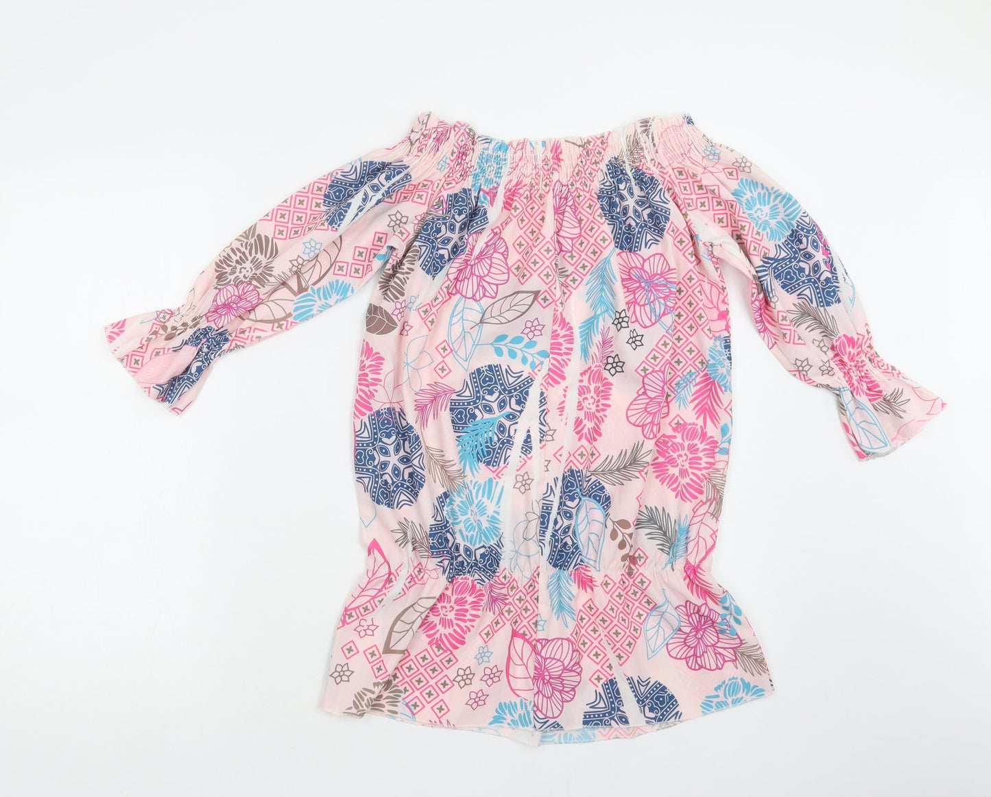 Preworn Womens Pink Floral Polyester Basic Blouse Size L Off the Shoulder