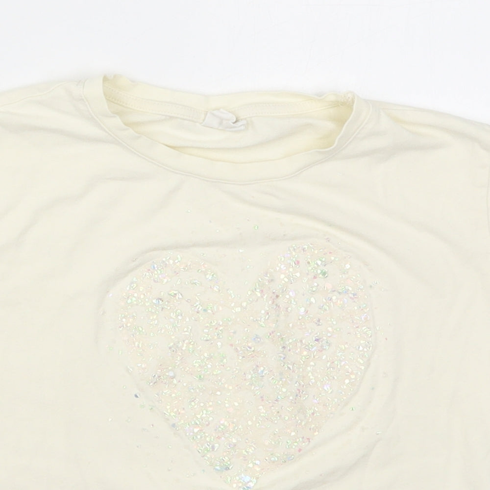 Zara Girls Ivory  Cotton Basic T-Shirt Size 7 Years Crew Neck Pullover - Heart