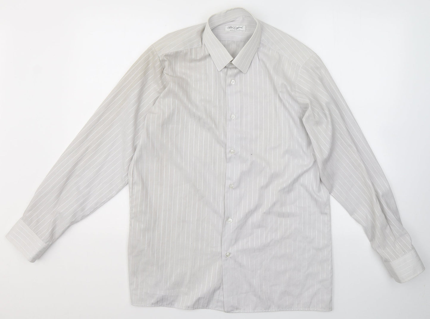 Peter England Mens Grey Striped Cotton  Button-Up Size 15.5 Collared Button