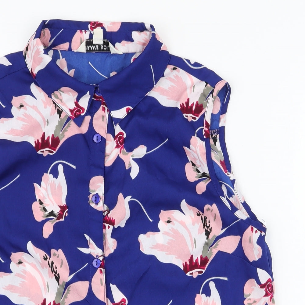 Brave Soul Womens Blue Floral Polyester Basic Blouse Size M Collared - Tie at bottom, button-up