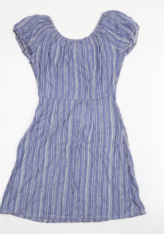 Hollister Womens Blue Striped Viscose Skater Dress  Size XS  Off the Shoulder Zip