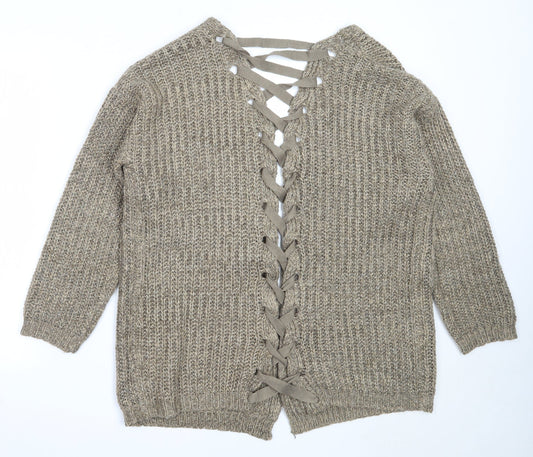 PRETTYLITTLETHING Womens Brown Round Neck  Acrylic Cardigan Jumper Size 10