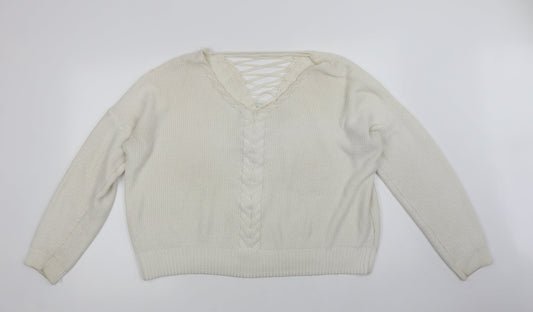 Miss Selfridge Womens White V-Neck   Pullover Jumper Size 16