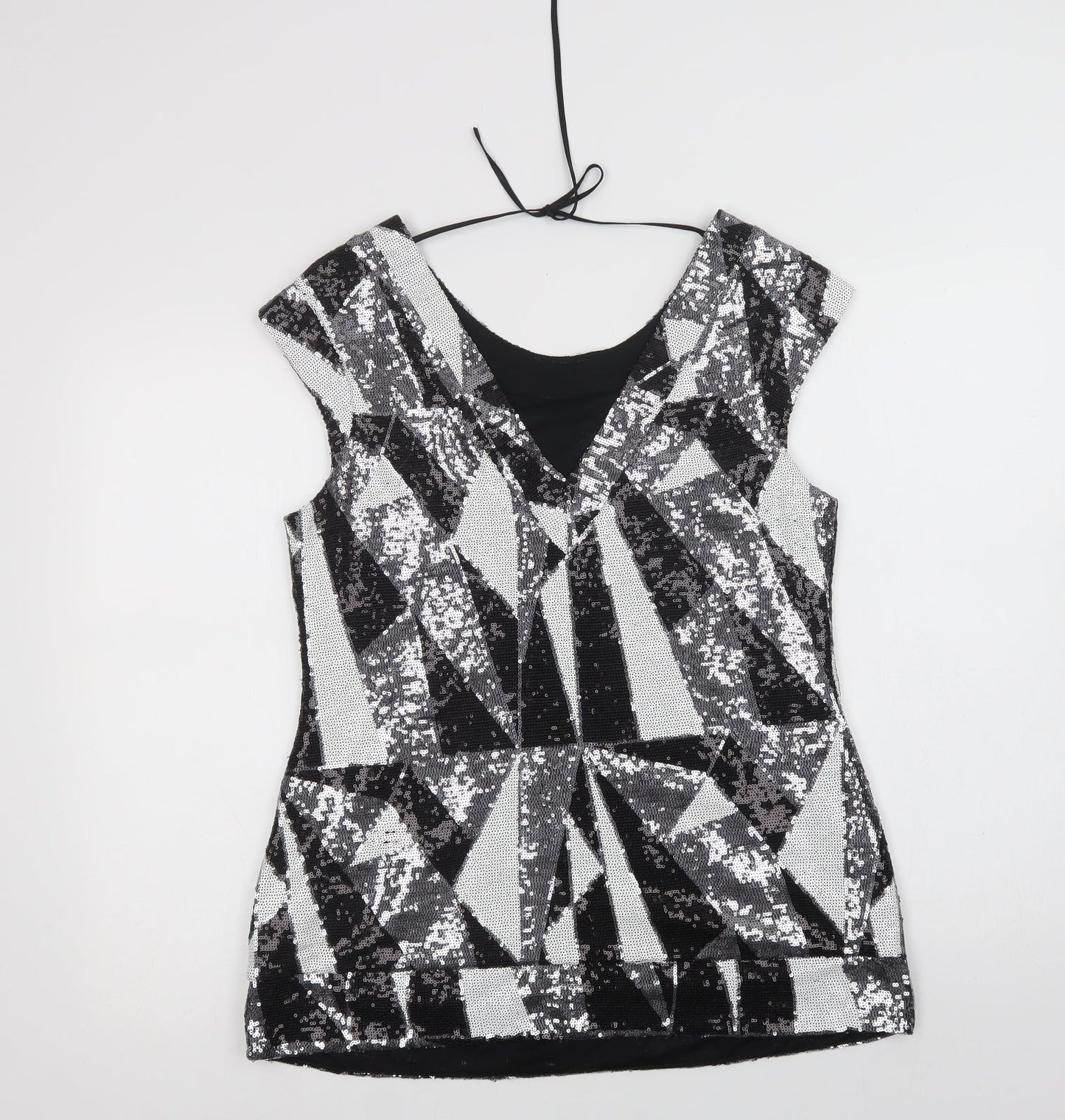 Julien Macdonald Womens Black Geometric Polyamide Basic Blouse Size 14 Round Neck