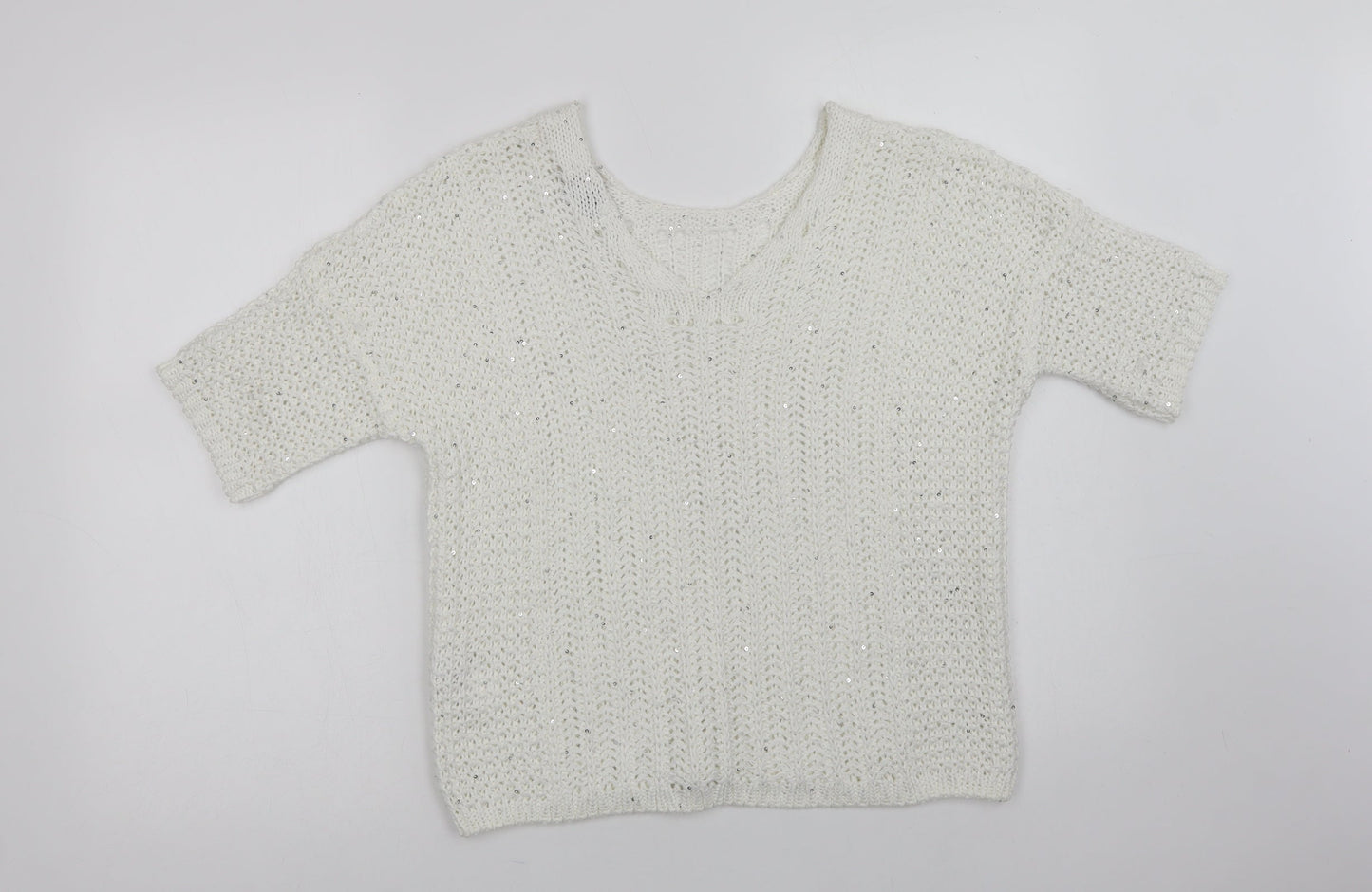 NEXT Womens White V-Neck  Acrylic Pullover Jumper Size M