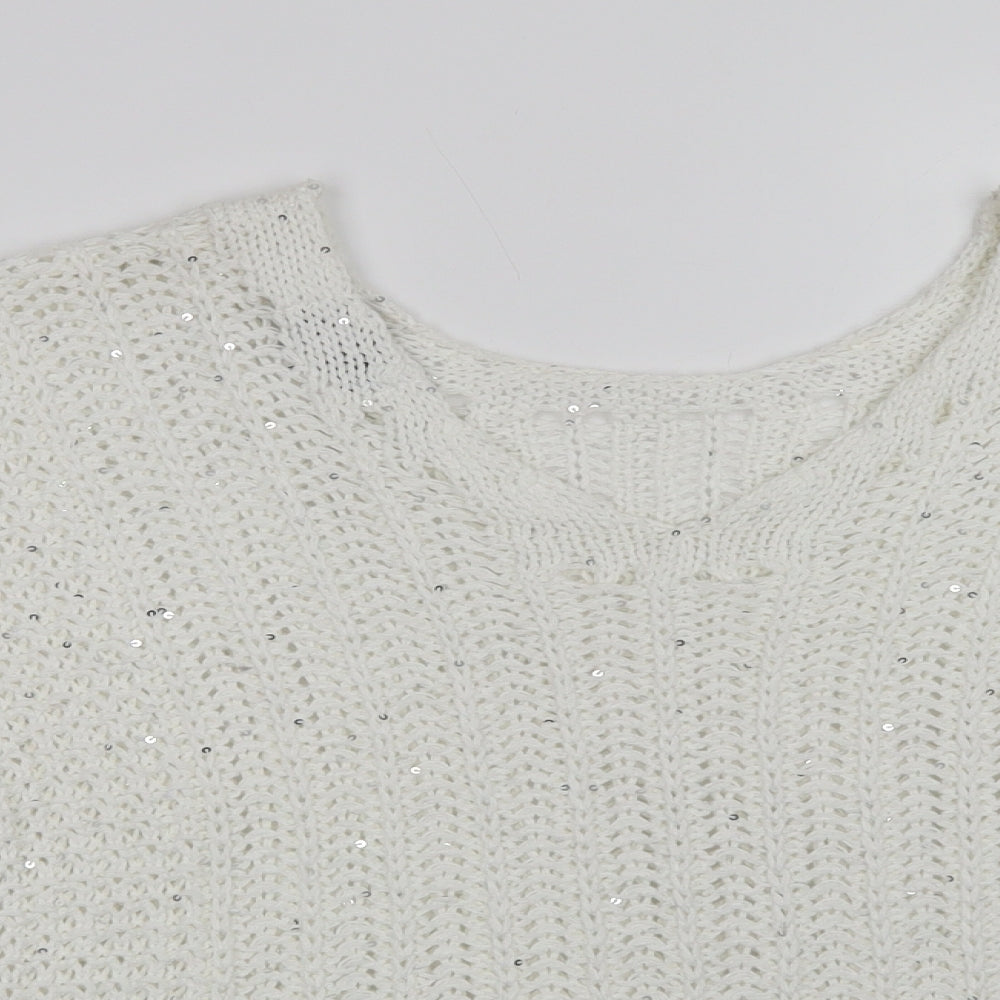 NEXT Womens White V-Neck  Acrylic Pullover Jumper Size M