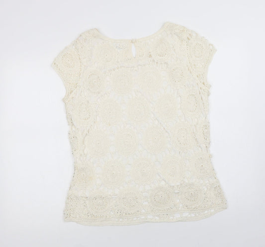 Wallis Womens Ivory  Viscose Basic Blouse Size L Round Neck - Lace Overlay