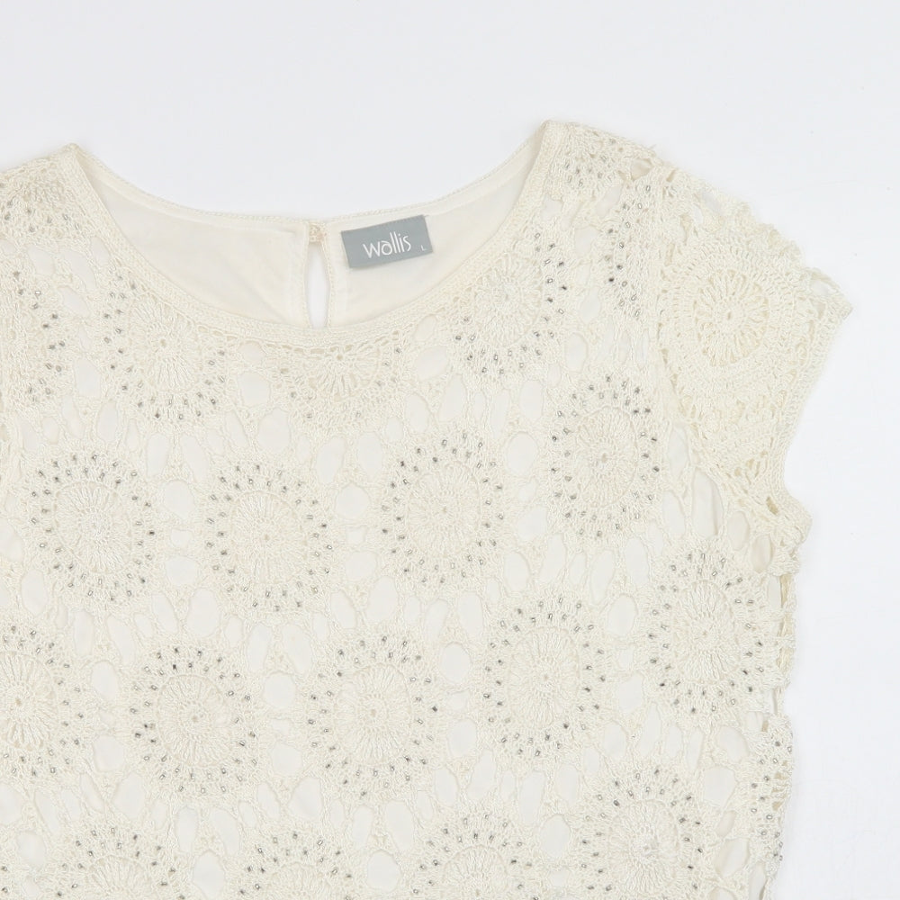 Wallis Womens Ivory  Viscose Basic Blouse Size L Round Neck - Lace Overlay