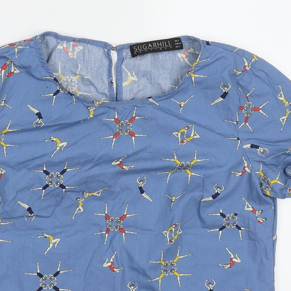 Sugarhill Womens Blue Geometric Cotton Basic T-Shirt Size 8 Crew Neck