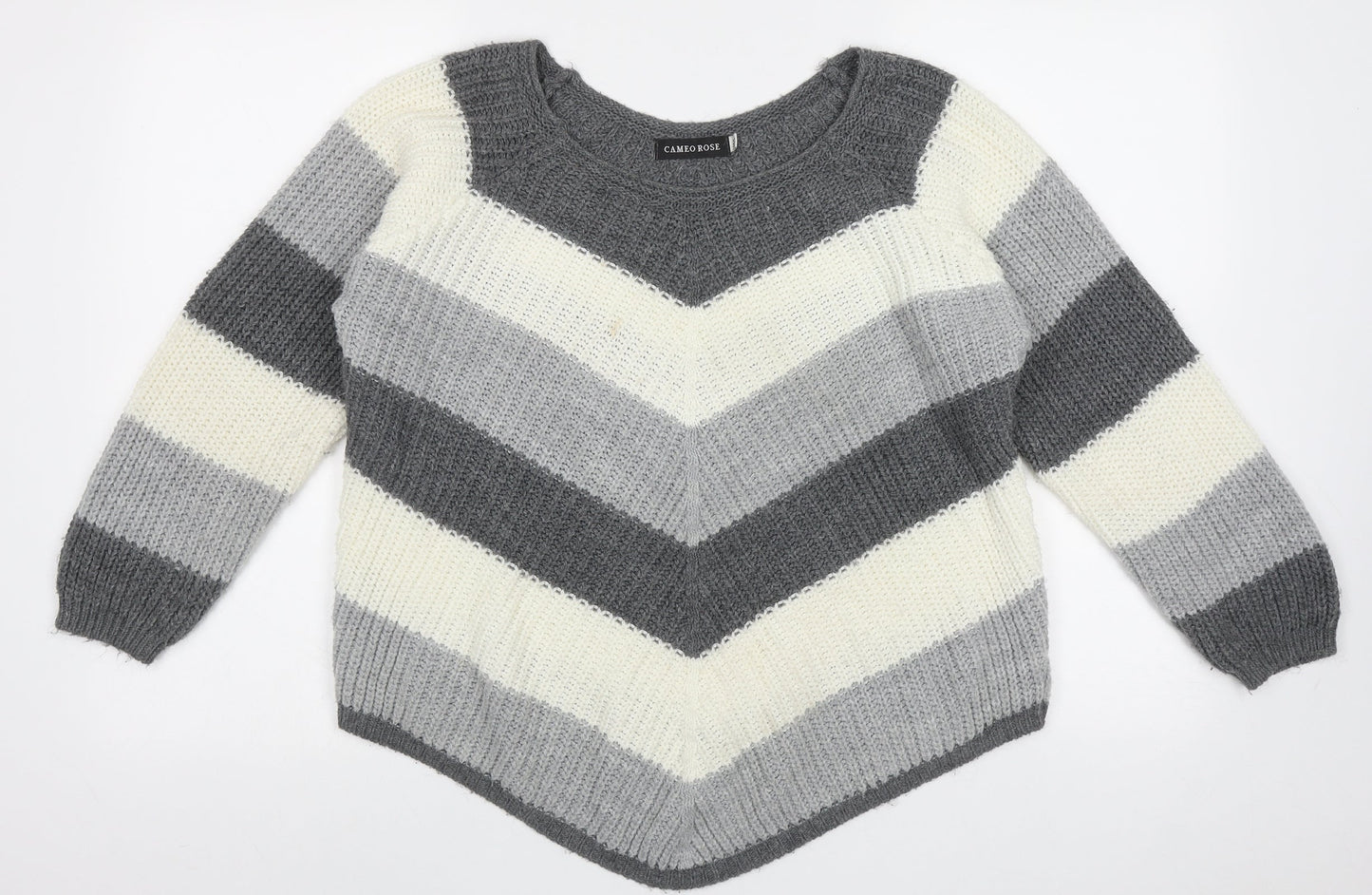 Cameo Womens Grey Crew Neck Striped Acrylic Pullover Jumper Size L