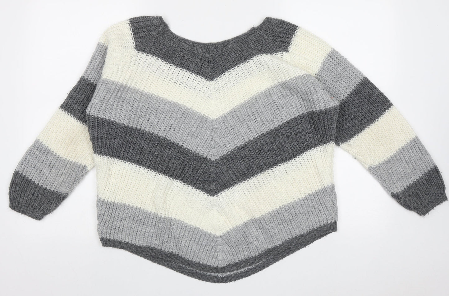 Cameo Womens Grey Crew Neck Striped Acrylic Pullover Jumper Size L