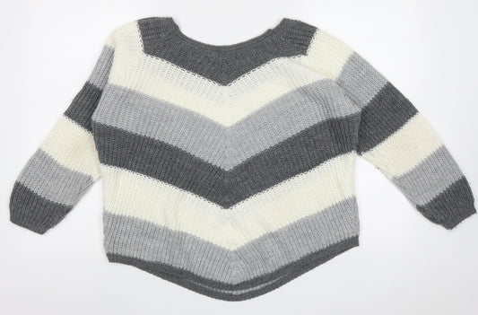 Cameo Womens Grey Crew Neck Striped Acrylic Pullover Jumper Size L