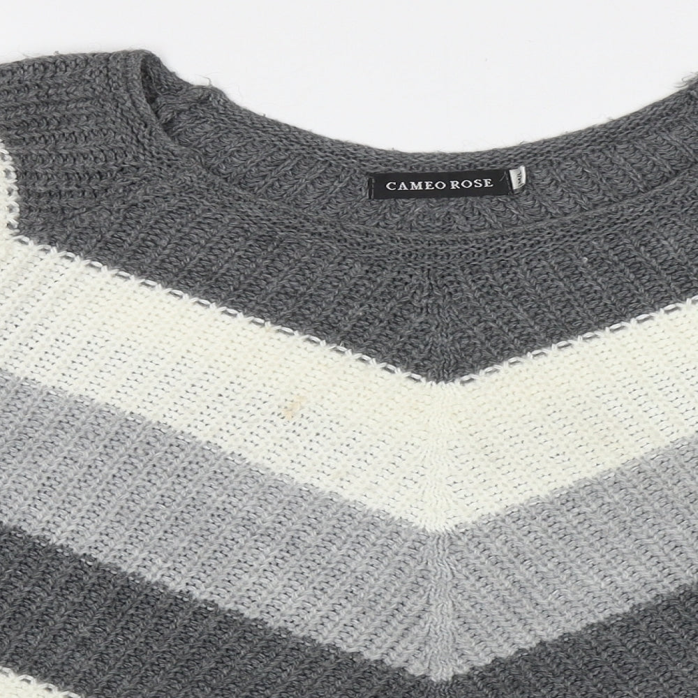 Cameo Womens Grey Crew Neck Striped Acrylic Pullover Jumper Size L