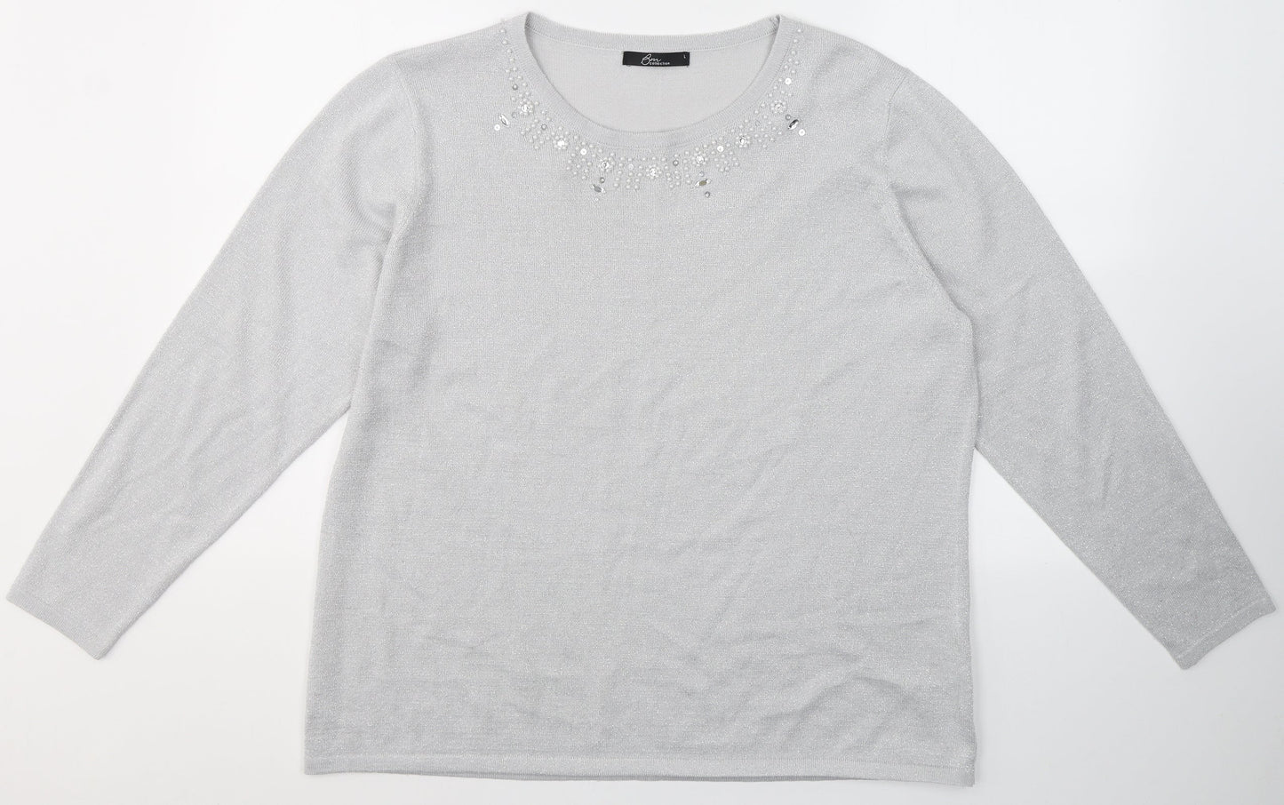 BHS Womens Grey  Acrylic Basic Blouse Size L Round Neck - Beaded detail