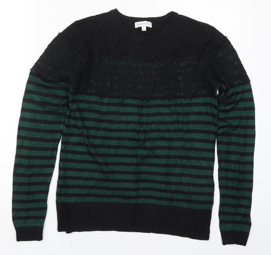 Warehouse Womens Green Round Neck Striped Viscose Pullover Jumper Size 10