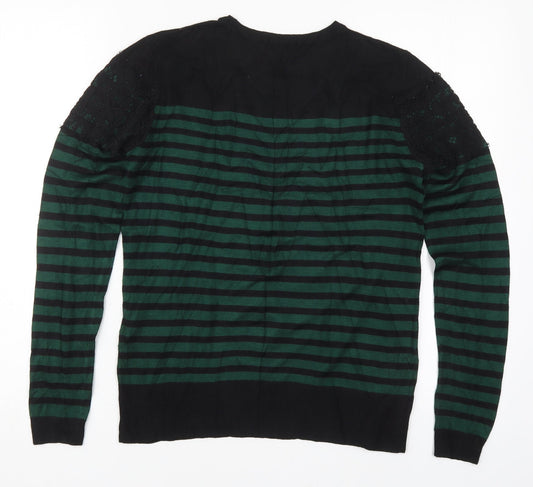 Warehouse Womens Green Round Neck Striped Viscose Pullover Jumper Size 10