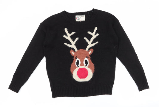 New Look Womens Black Round Neck  Acrylic Pullover Jumper Size 8   - raindeer