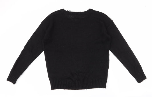 New Look Womens Black Round Neck  Acrylic Pullover Jumper Size 8   - raindeer