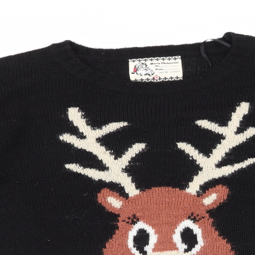 New Look Womens Black Round Neck  Acrylic Pullover Jumper Size 8   - raindeer
