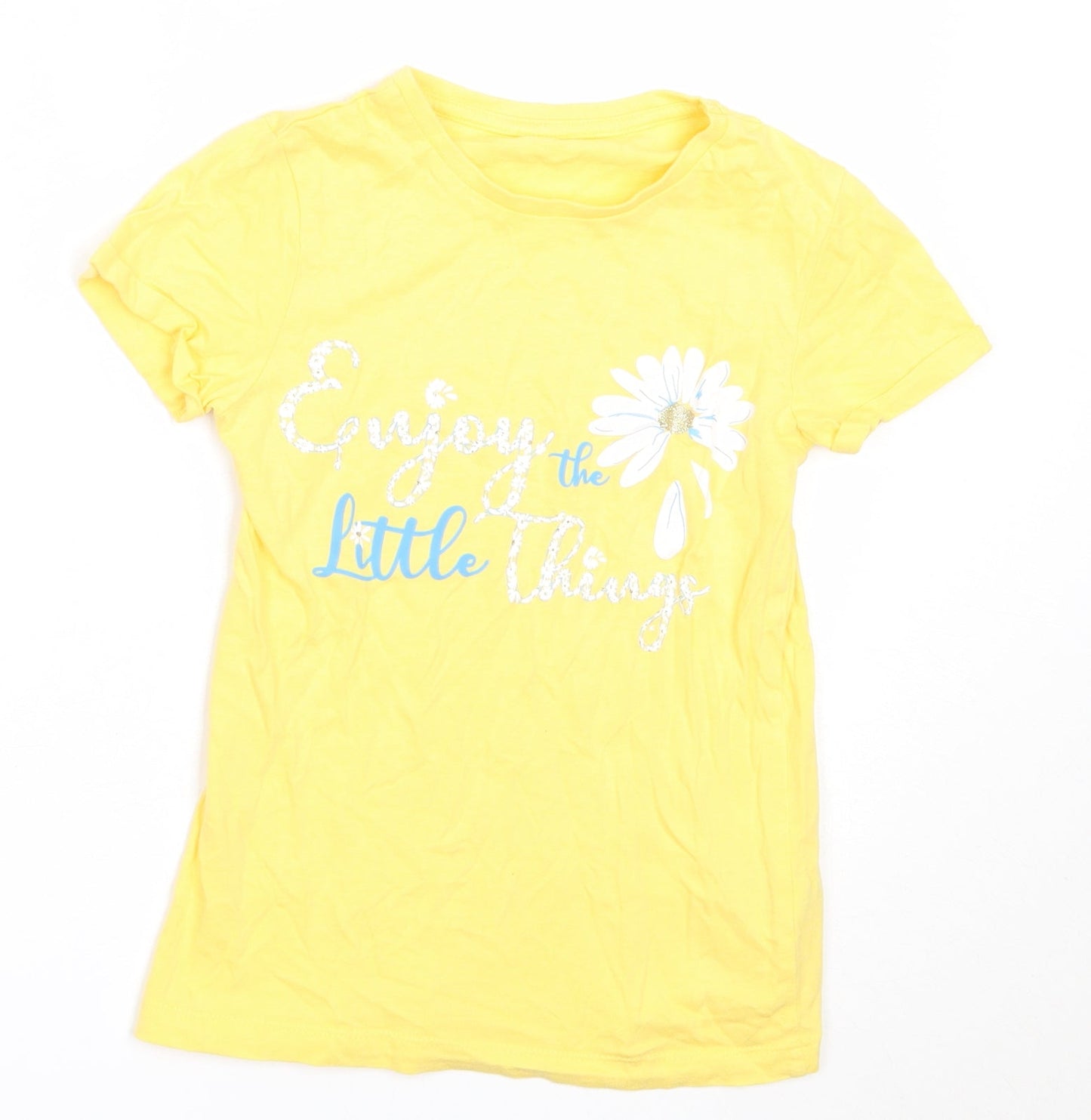 Dunnes Stores Girls Yellow  Cotton Basic T-Shirt Size 8 Years Round Neck
