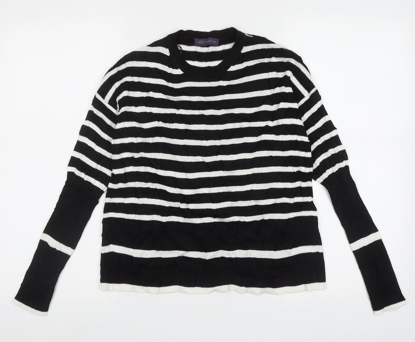 Marks and Spencer Womens Black Crew Neck Striped Acrylic Pullover Jumper Size 10