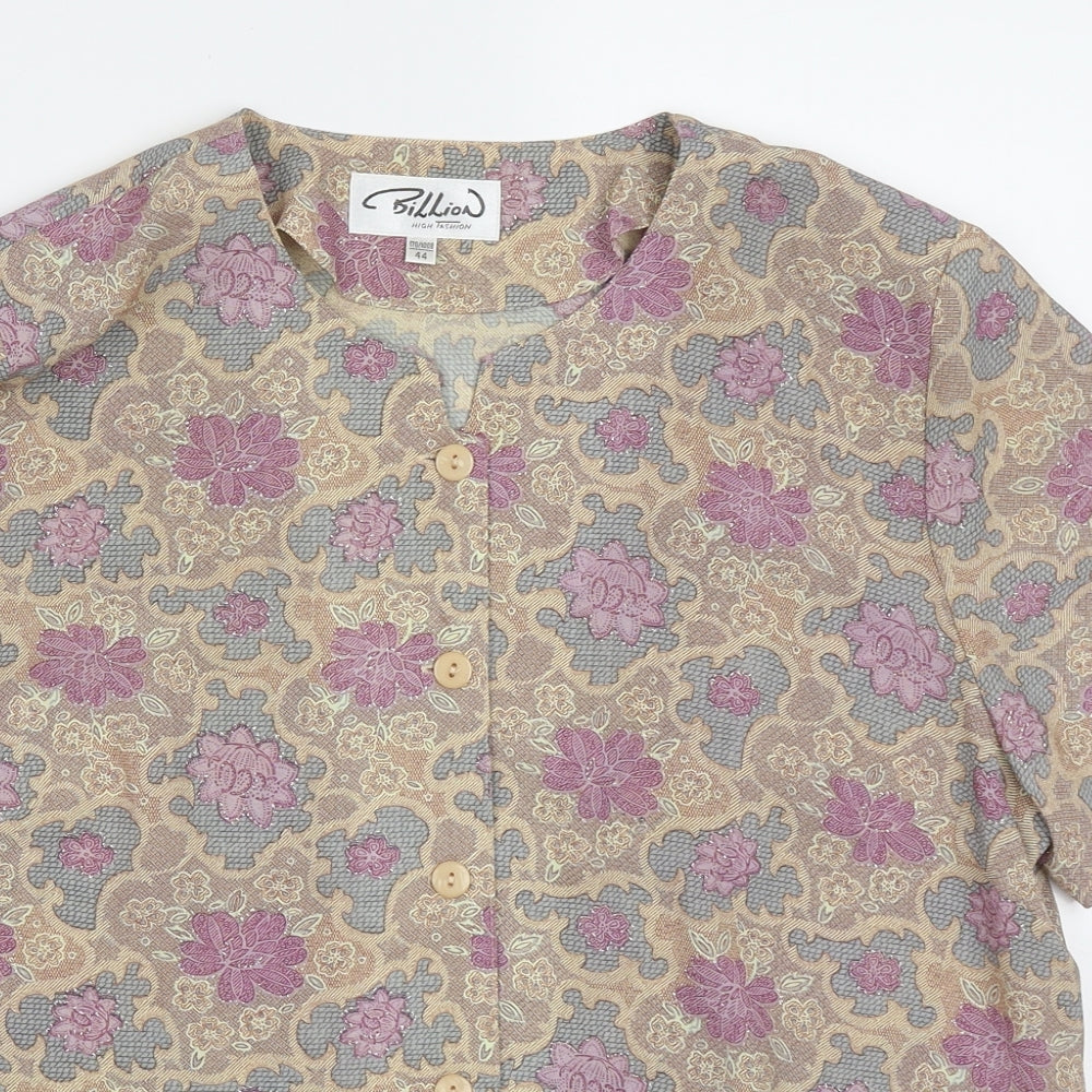 billian Womens Purple Floral Polyester Basic Button-Up Size 16 Crew Neck