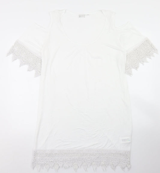 bpc Womens White  Viscose Tunic T-Shirt Size M Crew Neck - Lace Sleeve and Hem Detail, Cold Shoulder