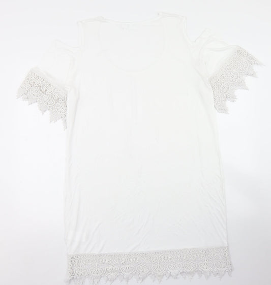 bpc Womens White  Viscose Tunic T-Shirt Size M Crew Neck - Lace Sleeve and Hem Detail, Cold Shoulder